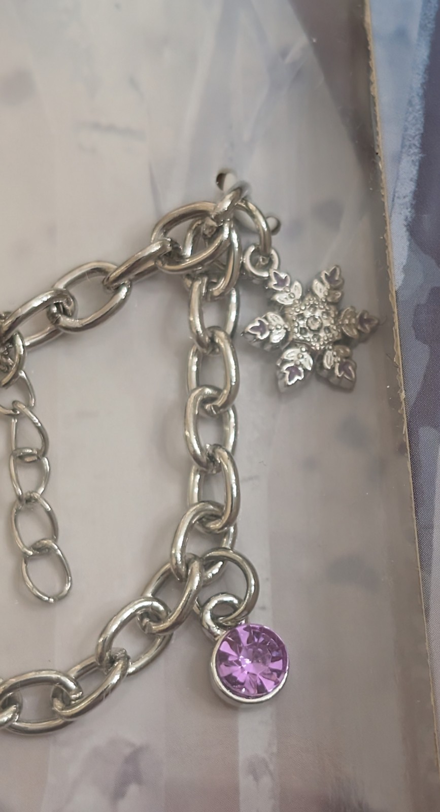 Disney Frozen II Charm Bracelet Anna Elsa Snowflake Purple Crystal Silver Tone