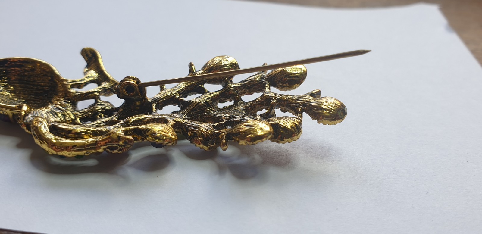Peacock Brooch. Gold tone with Multicoloured glass beads . 84mm x 28mm.