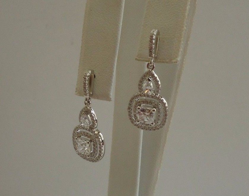 925 STERLING SILVER CLEAR TEARDROP SQUARE DANGLING EARRINGS W/ 4 CT LAB STONES
