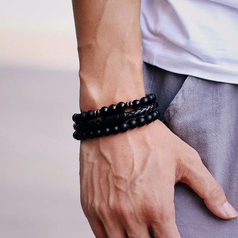 3pcs Men Bracelet Set Leather & 8mm Onyx Tiger Eye Stone Magnetic Clasp