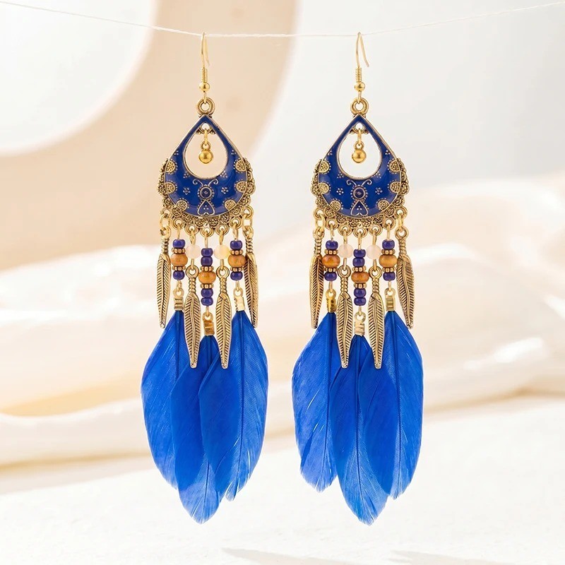 Handmade Bohemian Charm Colorful Feather Retro Design Beaded Long Earrings Women