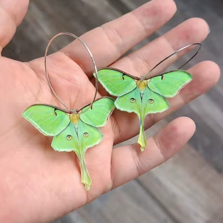 Luna Moth Hoop Dangle Drop Earrings Metal, Hoop Wire Closure 6.5cm
