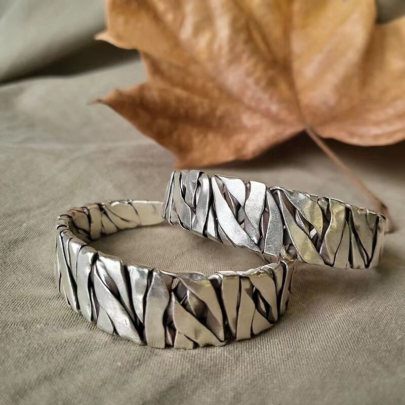 Men Wide Bracelet Retro Silver Twisted Adjustable Wrist Bangle Cuff Bracelet