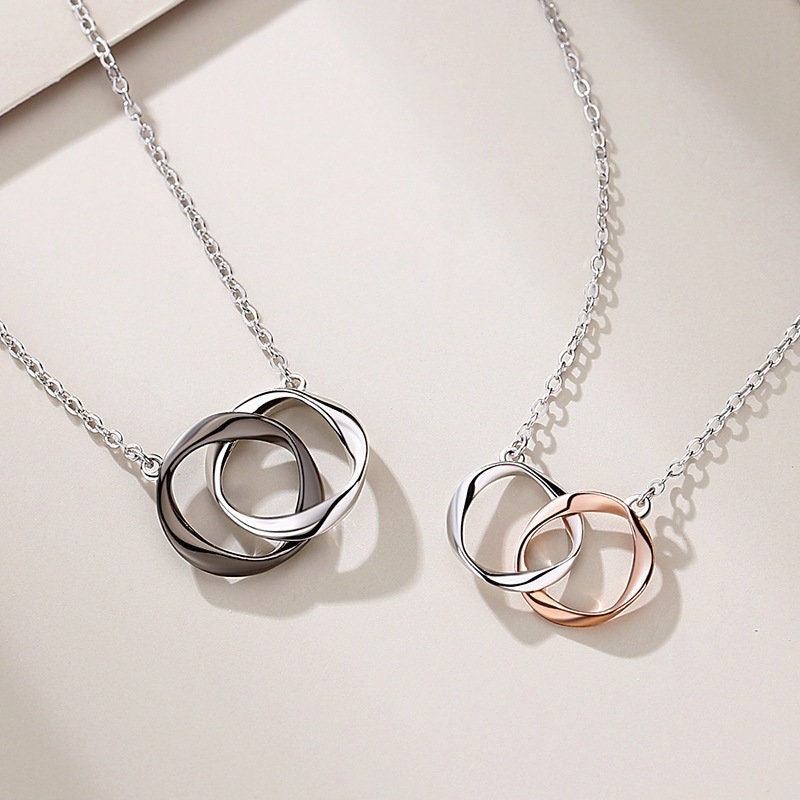 Interlocking Mobius Ring Couple Matching Necklace in 925 Sterling Silver