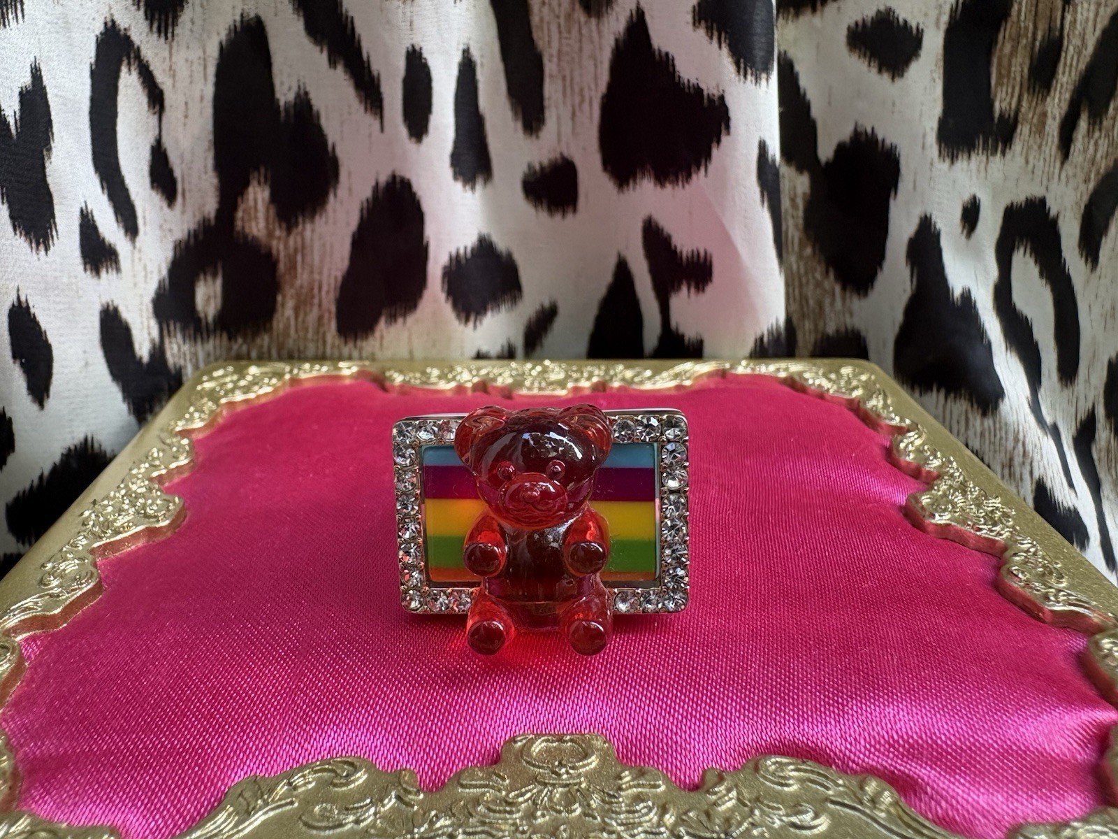 Betsey Johnson Lucite Red Gummy Bear Rainbow Striped Candy Ring VERY RARE