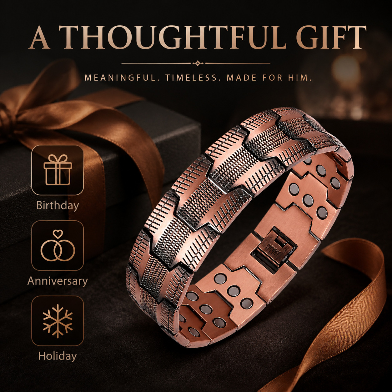 Elegant Copper-Tone Magnetic Bracelet for Men Adjustable Pain Relief Arthritis
