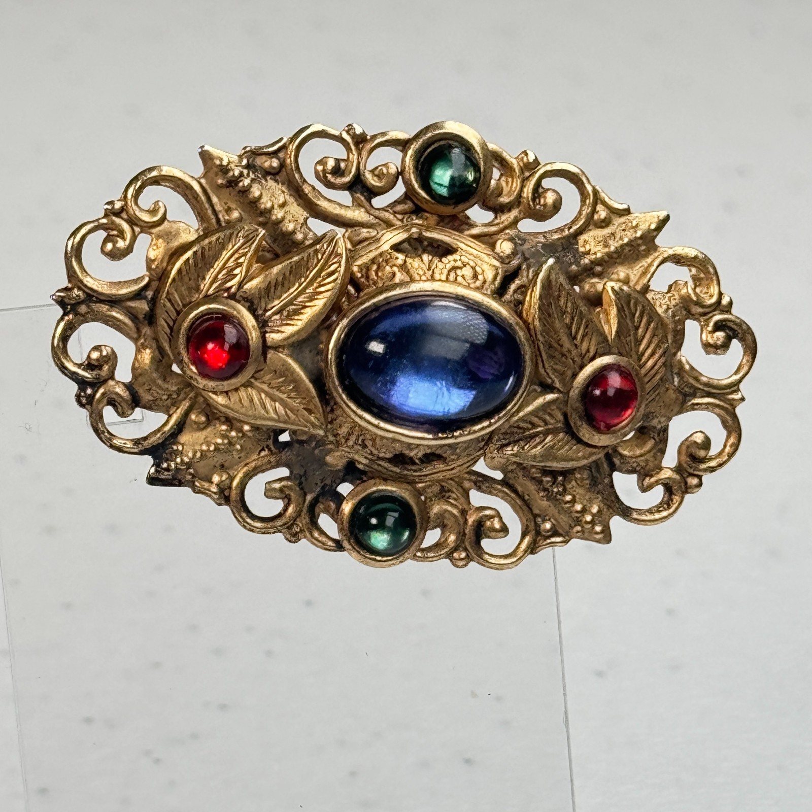 Vintage Brooch Blue Red Green jewel tone Gold Tone Ornate Floral Filigree mcm