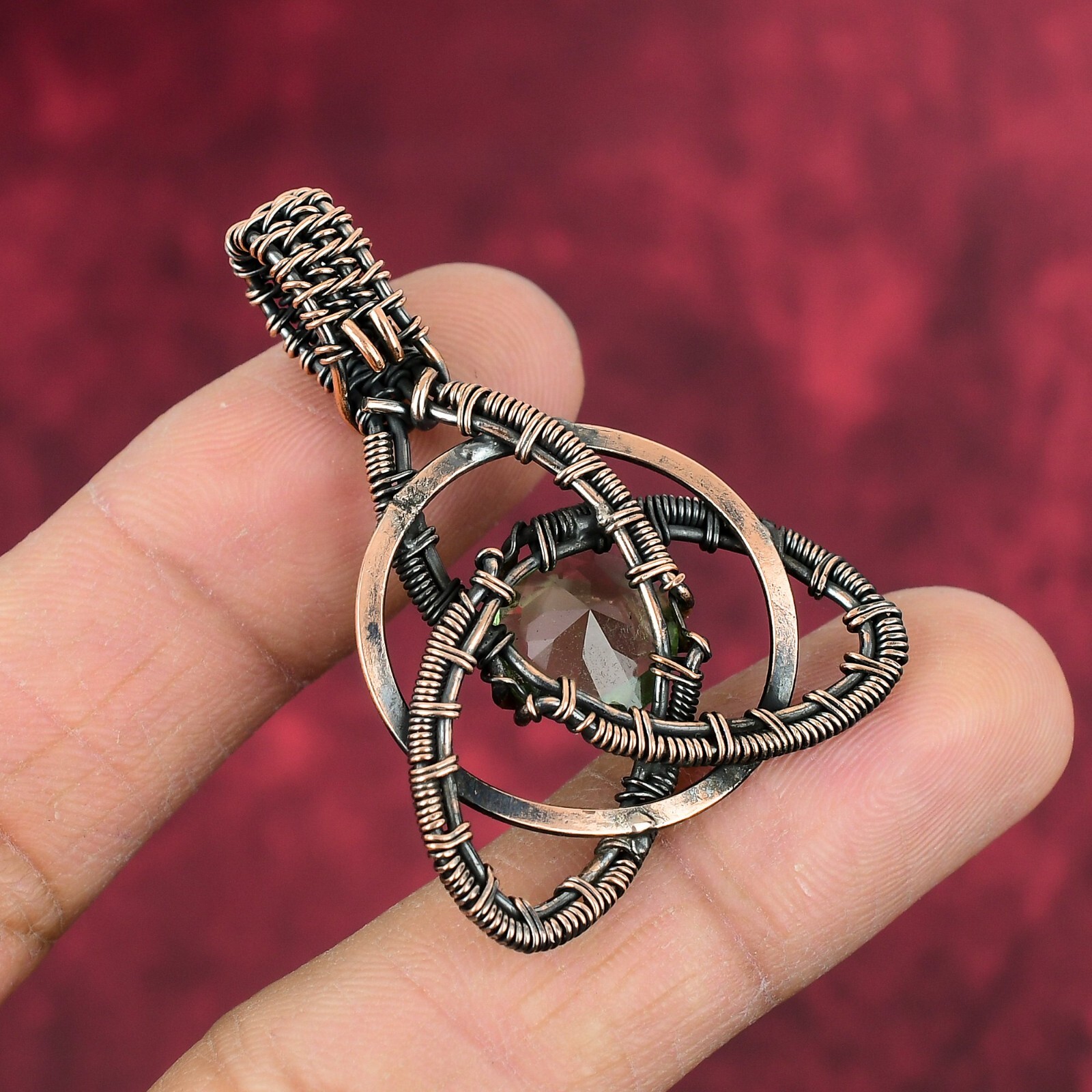 Faceted Green Amethyst Gemstone Pendant Handmade Copper Wire Wrapped Jewelry
