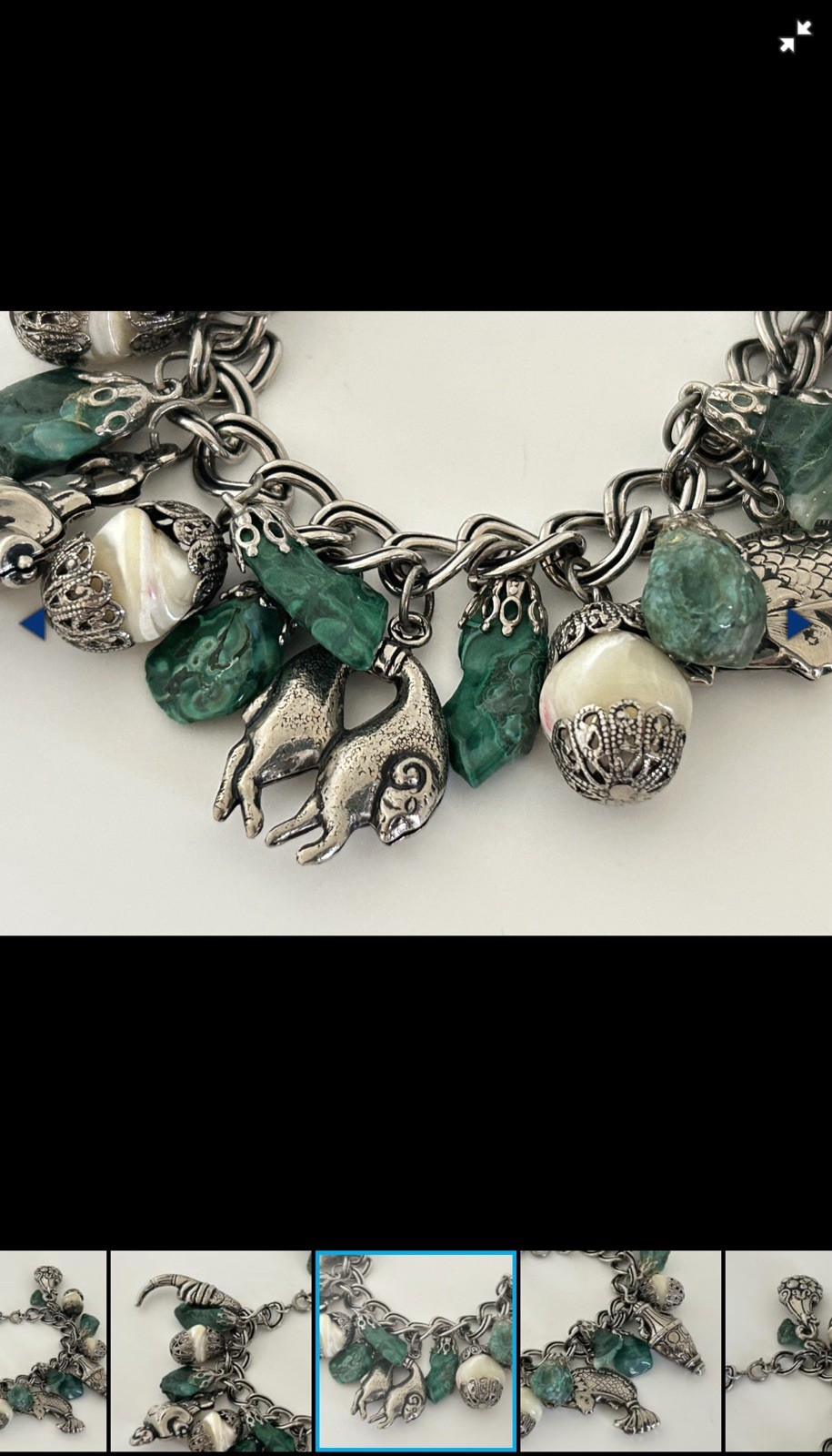 Silver Tone Cable Chain Charm Bracelet Lobster Clasp Green Stone Animal