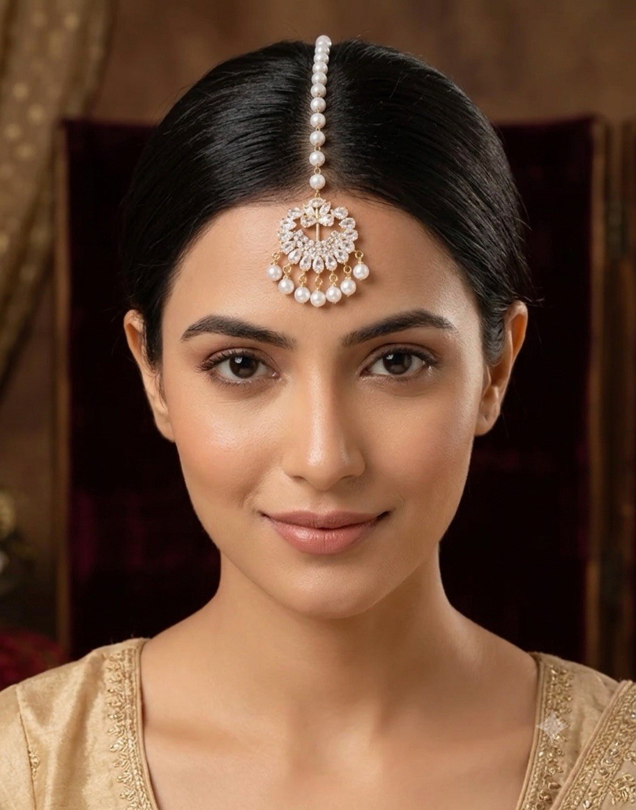 Women Traditional maang tikka Diamond And Pearls Tassels Lightweight Gold Plated
