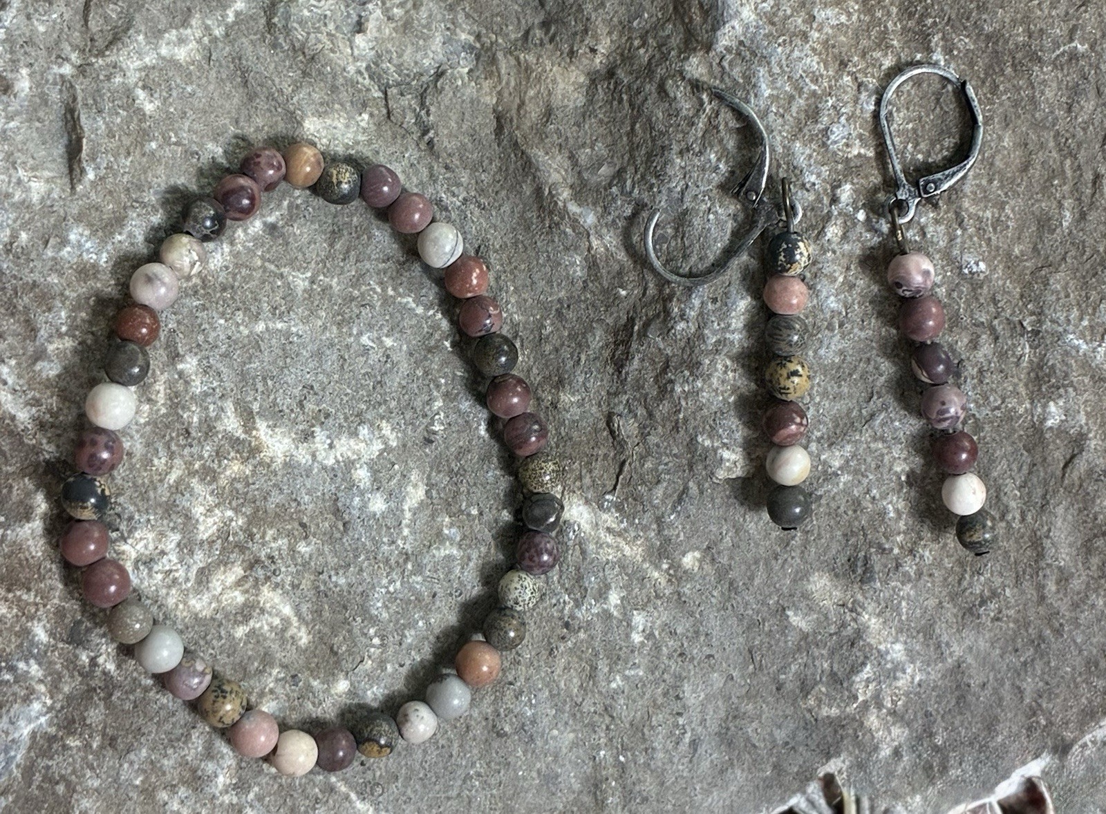 Rhodinite Brown, Cream, Grays – vary colors- Stretch Bracelet And Earrings Set