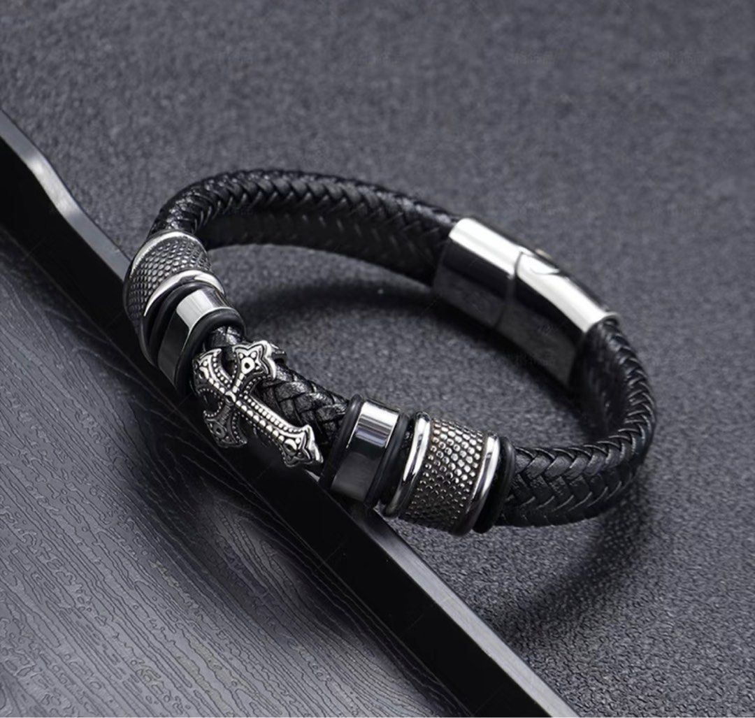 Men’s Cross Leather Bracelet Braided Christian Bangle Stainless Steel Jewelry