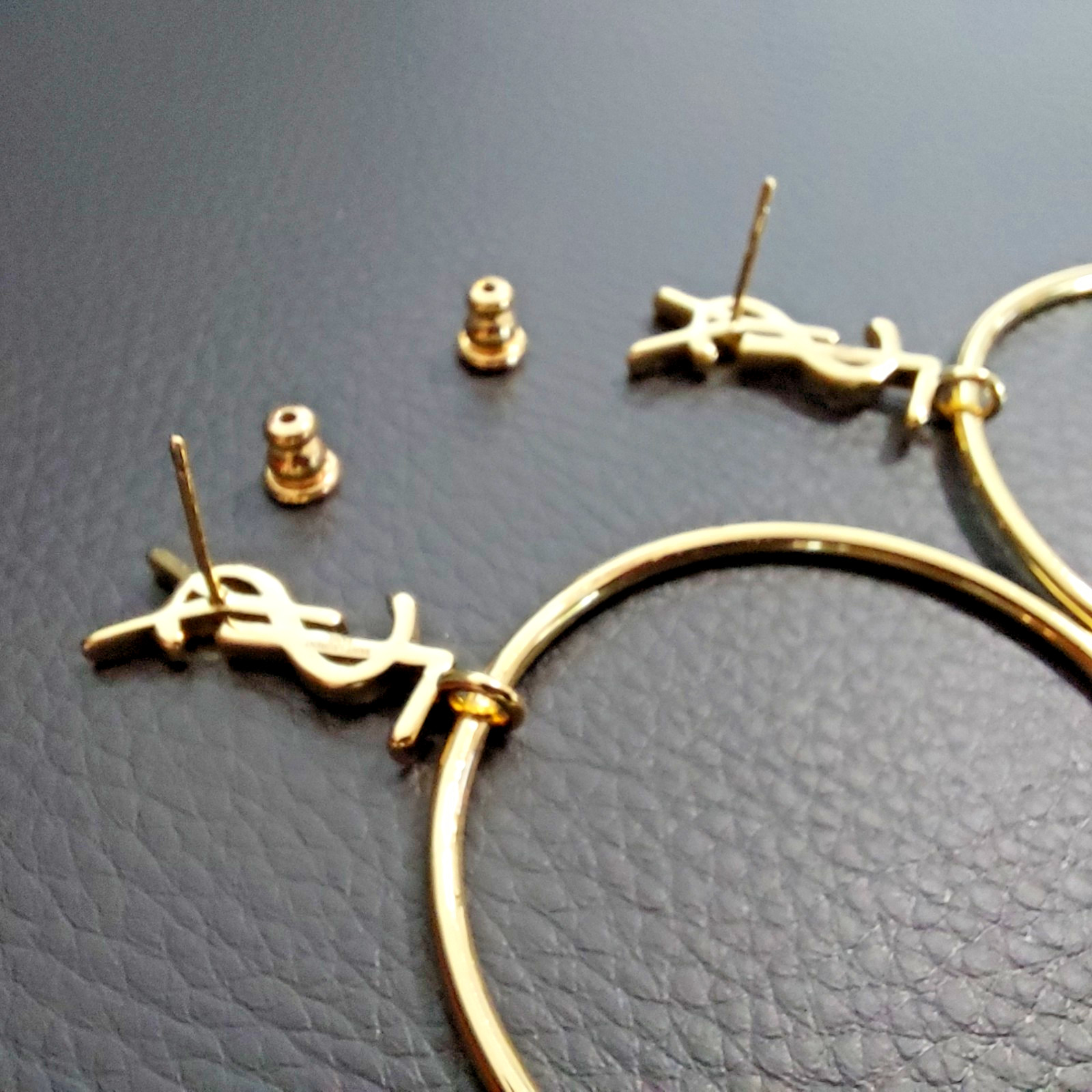 Auth. YVES SAINT LAURENT YSL Large Dangle HOOP EARRINGS Gold Logo