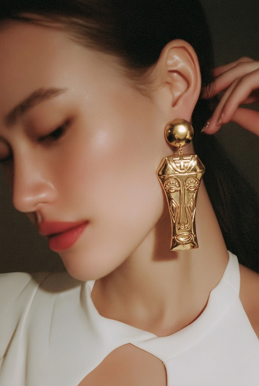 Vintage Gold Abstract Face Mask Statement Earrings