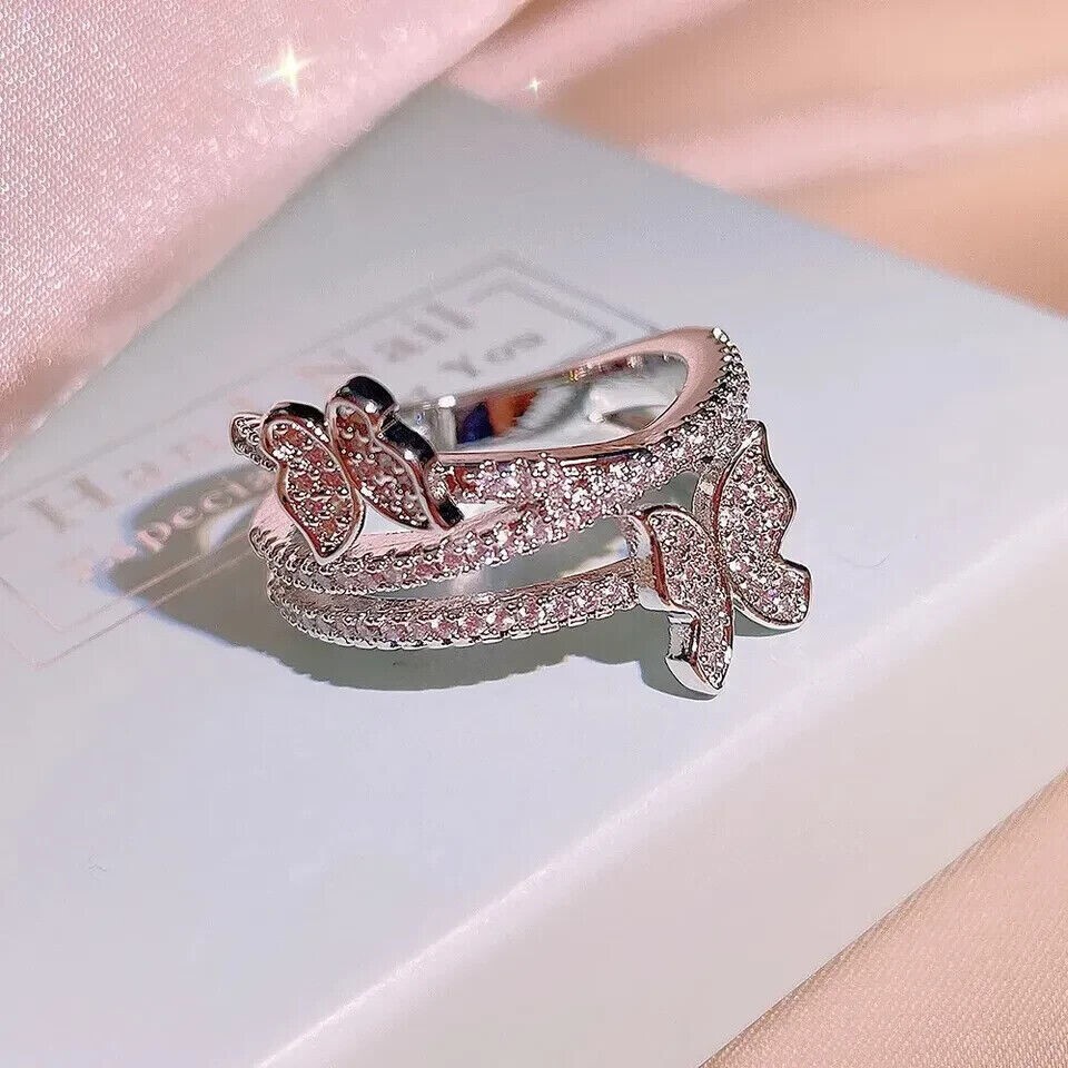 Round Cut Simulated Diamond Butterfly Engagement Ring In 14K White Gold Plated