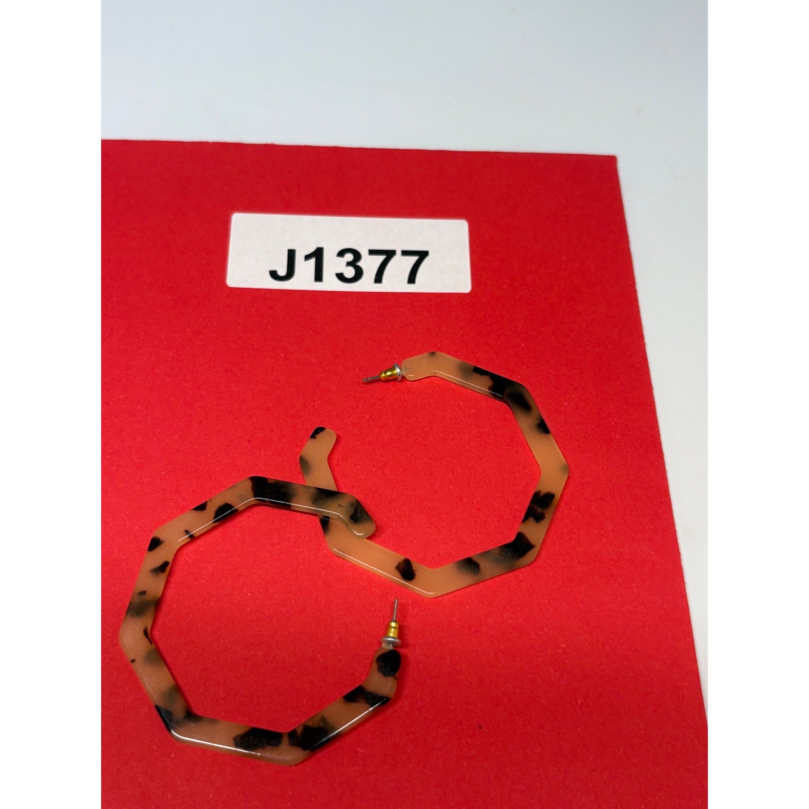Tortoise Shell Acrylic Hexagon Hoop Earrings Brown Geometric Large Post Back