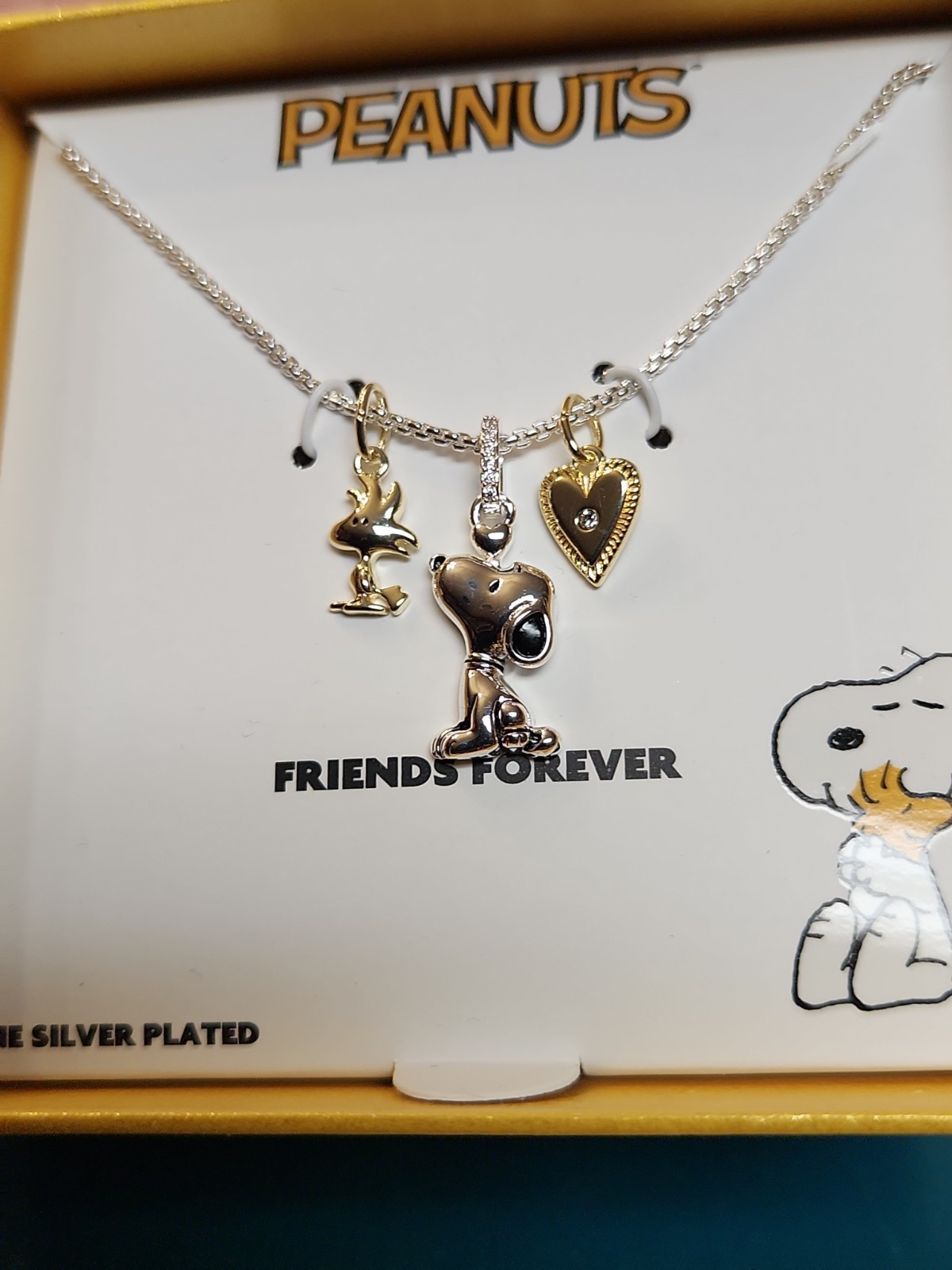 Peanuts Snoopy Woodstock W/ Heart 18in Necklace Fine Silver Pl. W/ Gold