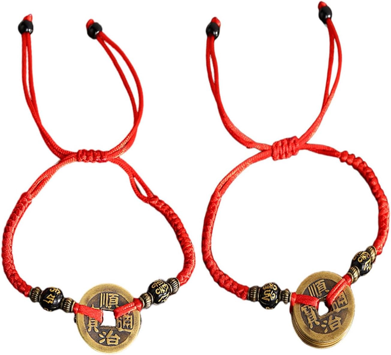 Feng Shui Lucky Bracelet Set 2Pcs Red String Copper Coin Handmade Adjustable