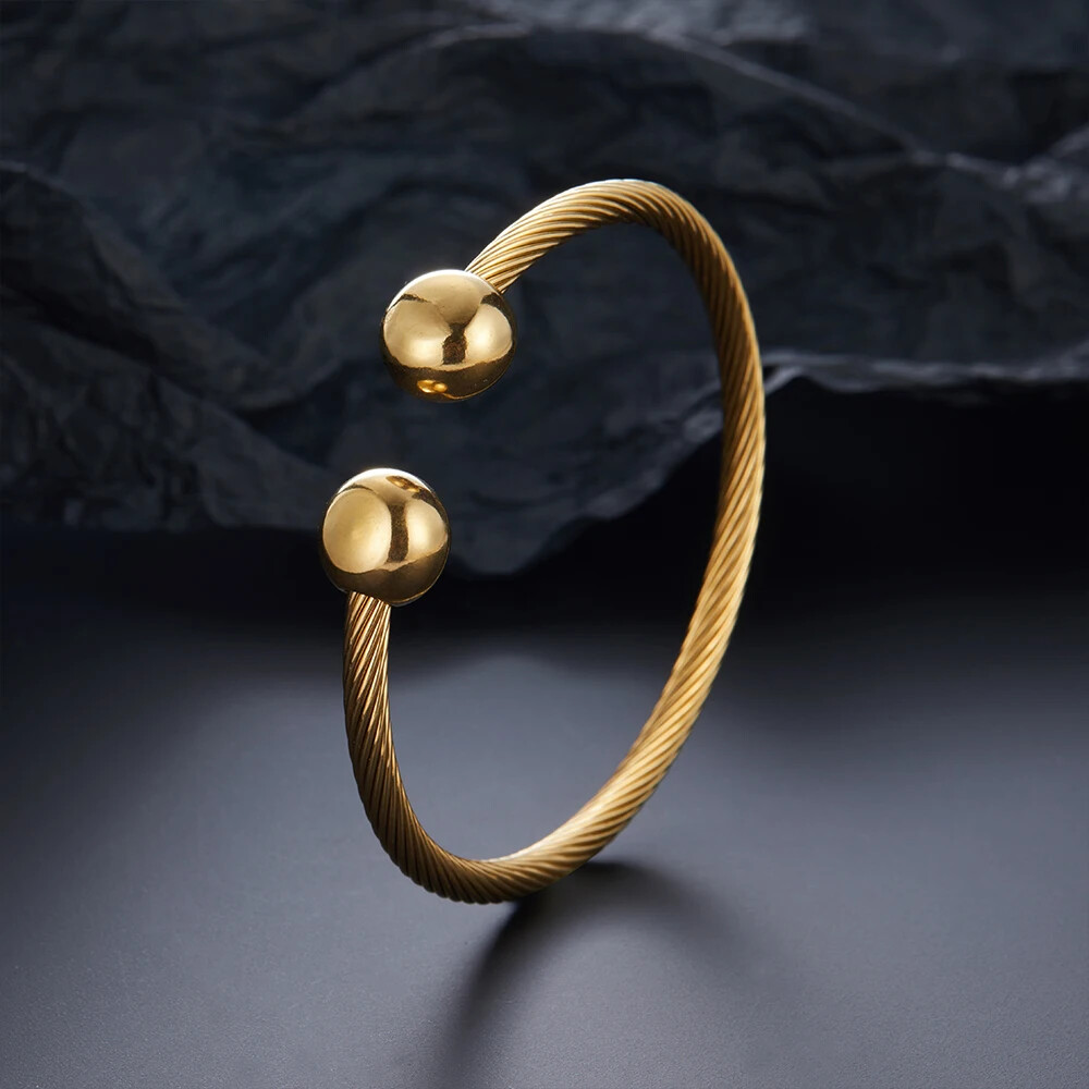 Double ball gold-plated stainless steel bracelet, twisted steel wire C-shaped