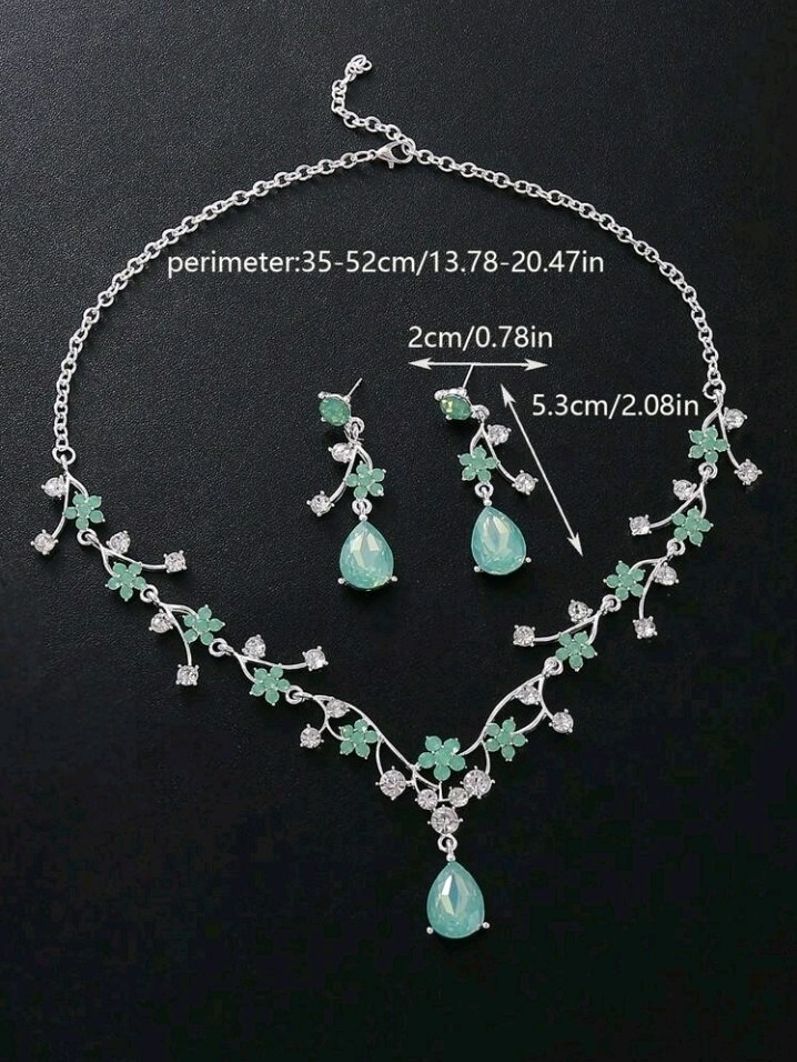 Silver-Plated Zinc Earrings & Necklace With Green & White/Colorless Rhinestones