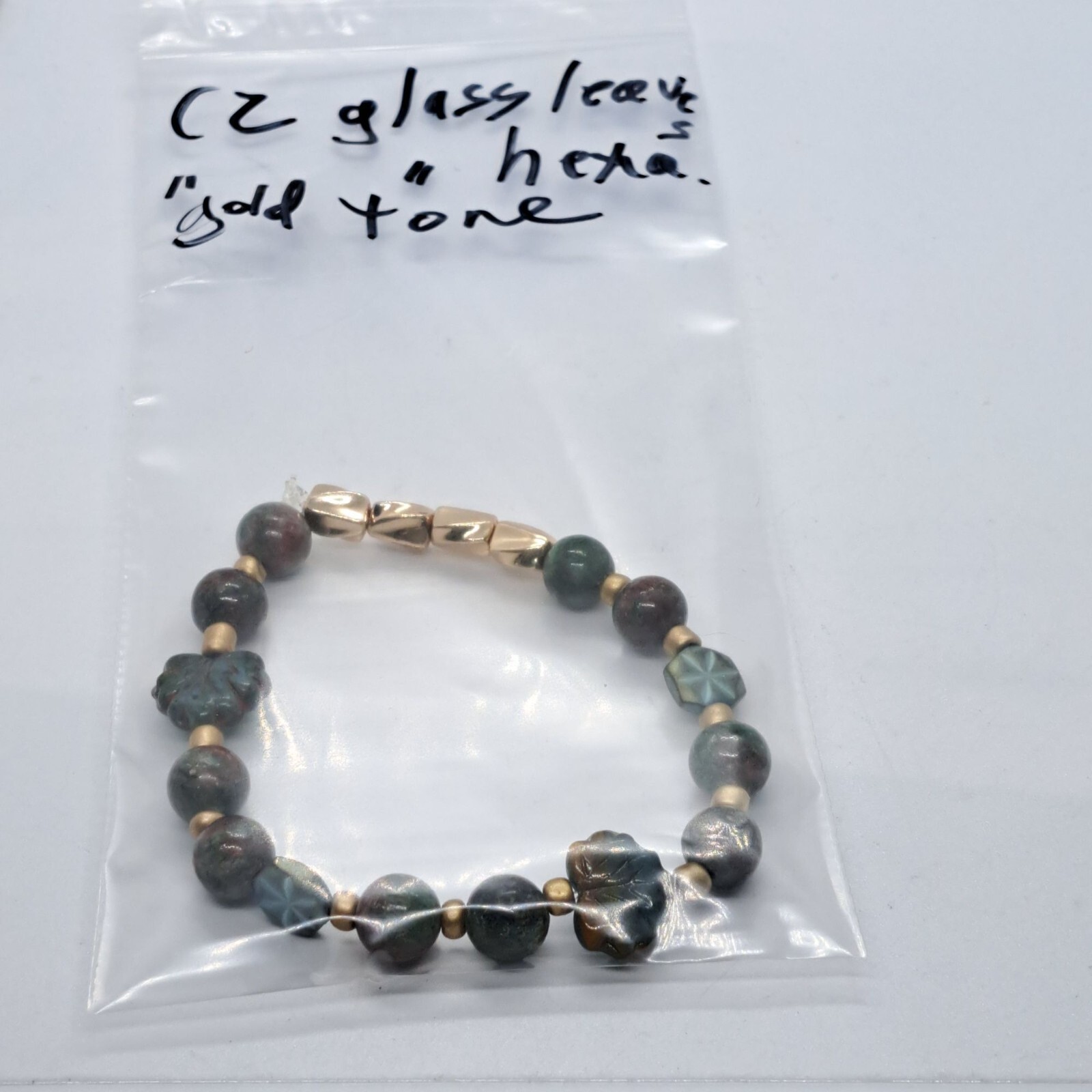 Handmade stretch bracelet NEW Czech glass, fancy jasper, gold tone spacers