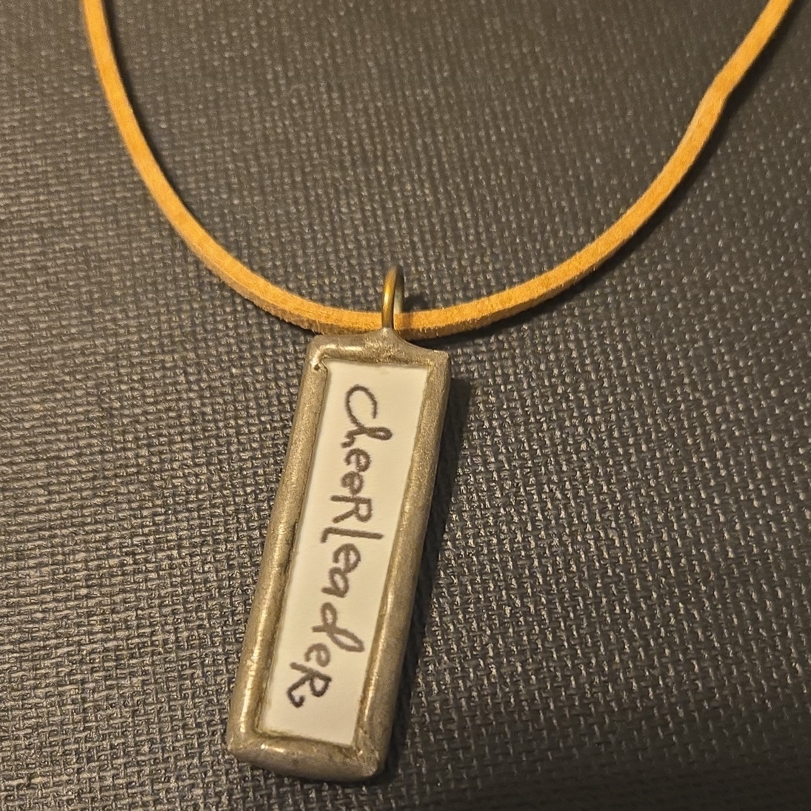 Cheerleader “GO TEAM” Bar Pendant Necklace Brown Leather Cord Silver Lobster