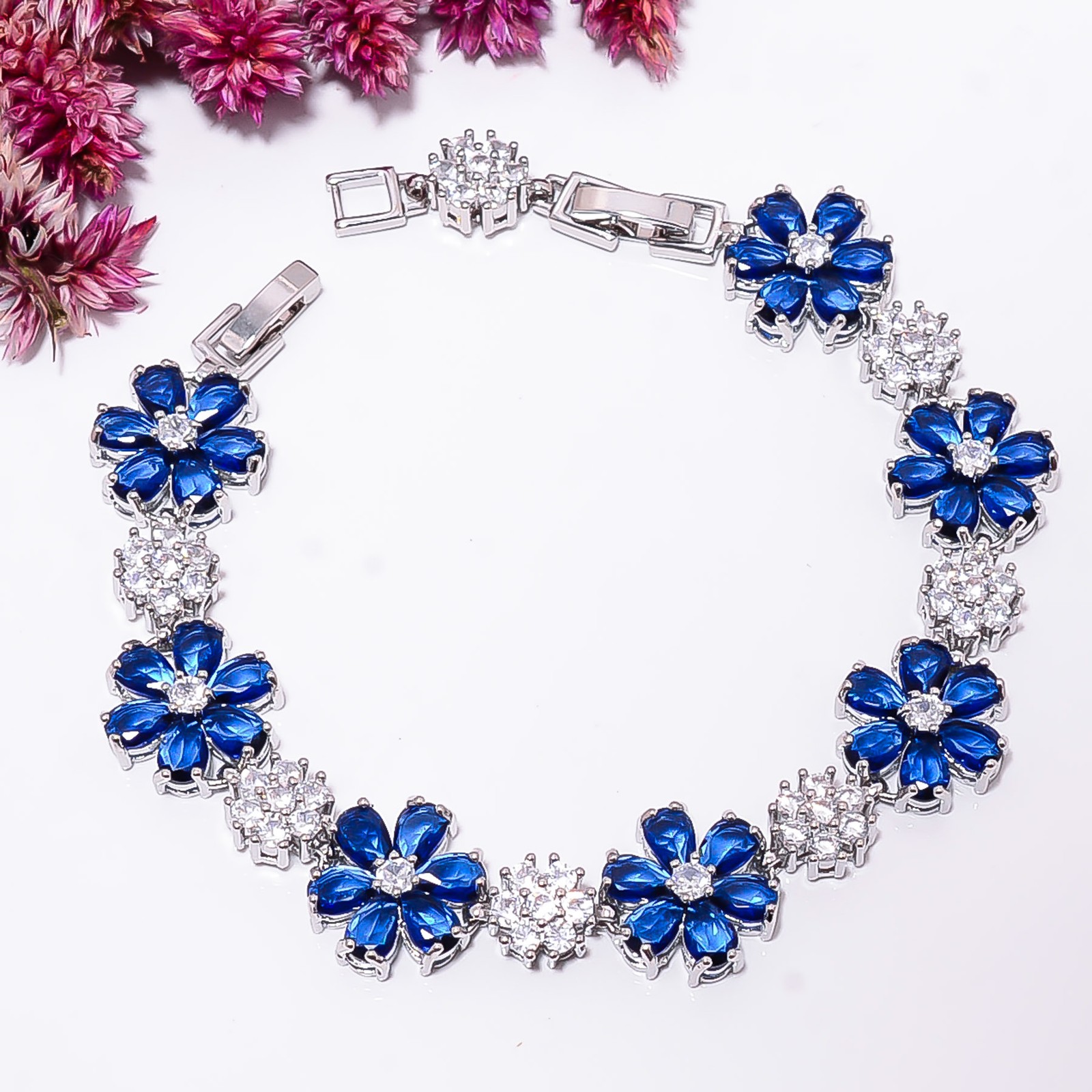 Blue Sapphire -Simulated, CZ 925 Sterling Silver Adjustable Bracelet 7-8″ B2628