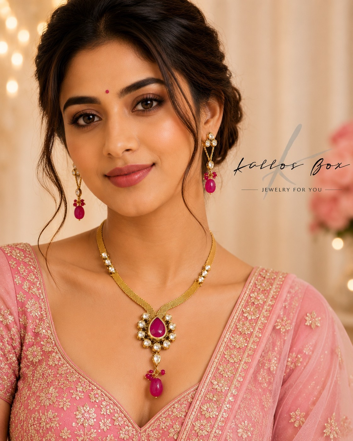 Pink Kundan Necklace With Earrings For Wedding Or Any Other Festive Occasion