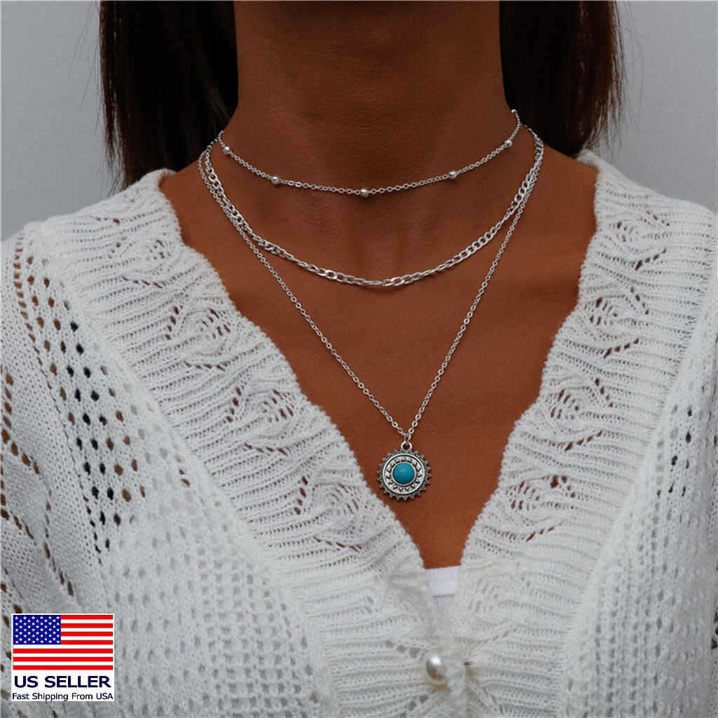 Fashion Women Layered Necklace Retro Ethnic Turquoise Sun Disc Pendant 1432