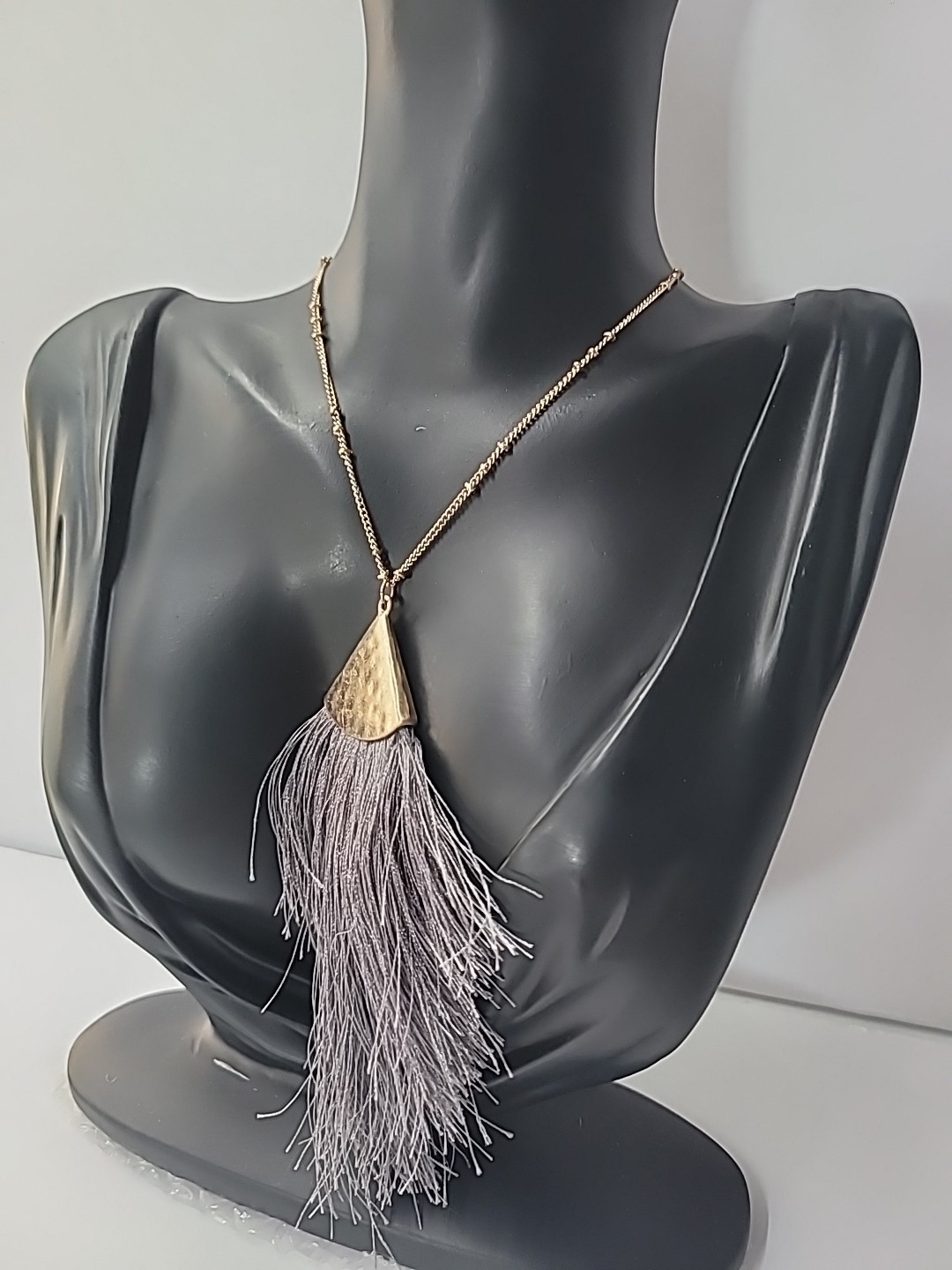 Vintage Gold Tone Hammered Fan Pendant Gray Tassel Necklace Boho Fringe Jewelry