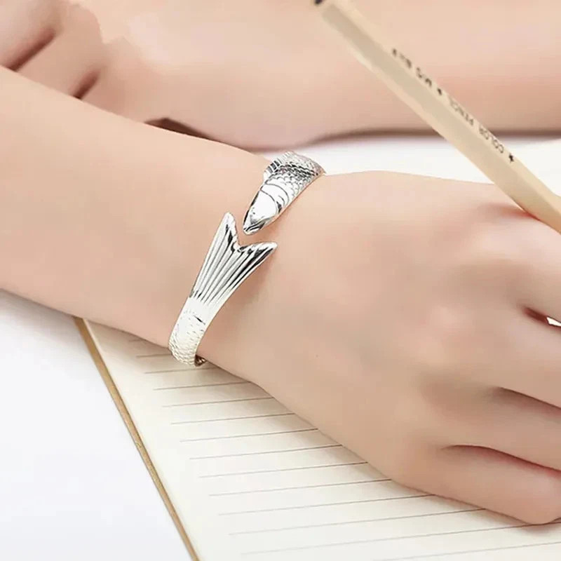 Fish Bangles 925 Sterling Silver Creative Fashion Lucky Fortune Transfer Dragon