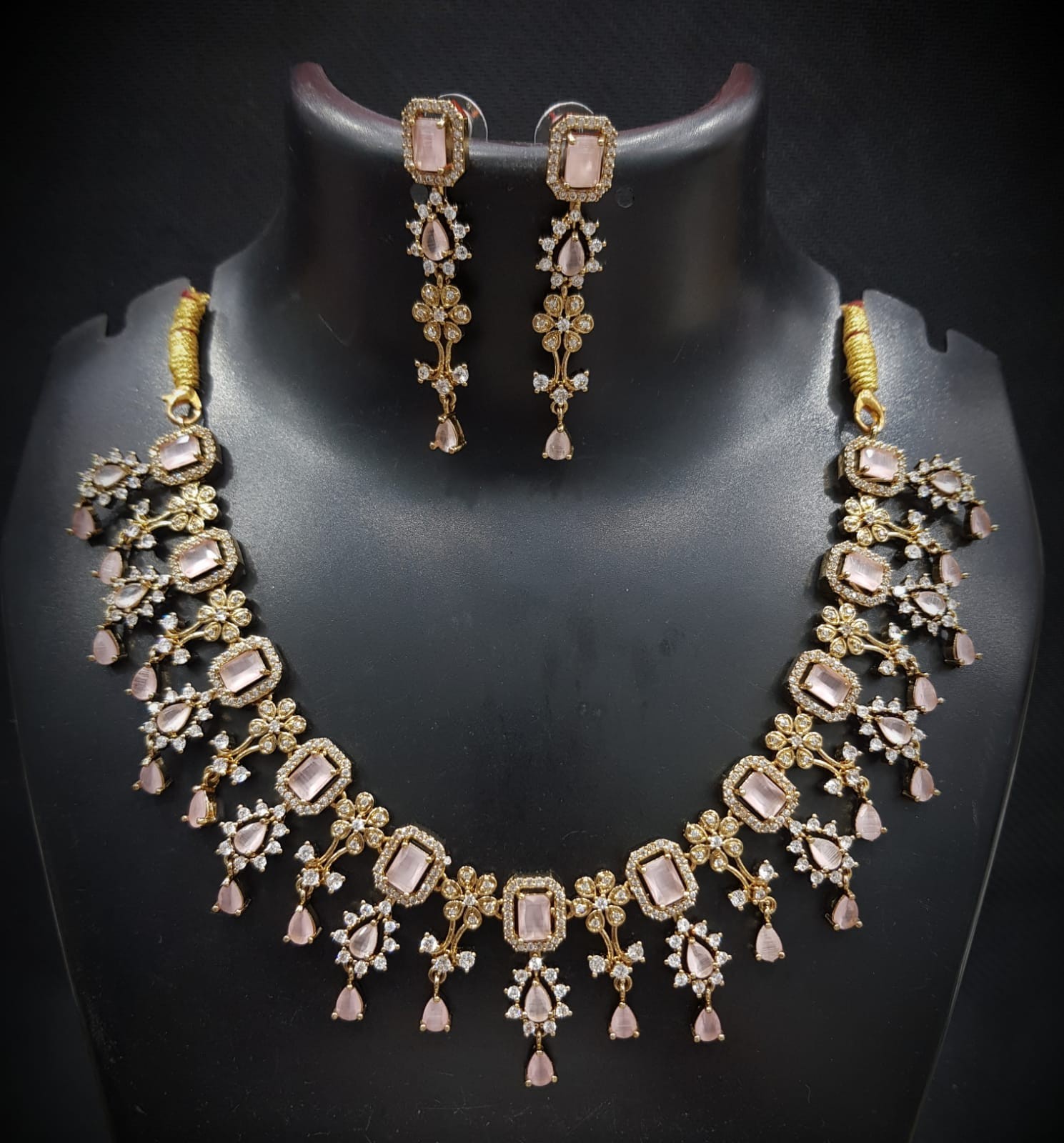 Pink CZ American Diamond Necklace Earrings Set Indian Wedding Bridal Jewelry