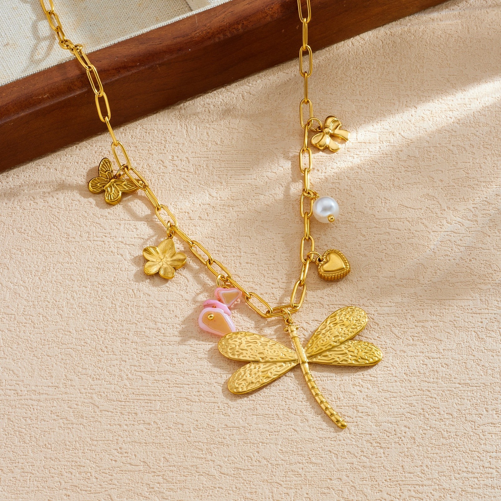 316L Stainless Steel Dragonfly Flower Bow Necklace Multi Pendant Waterproof