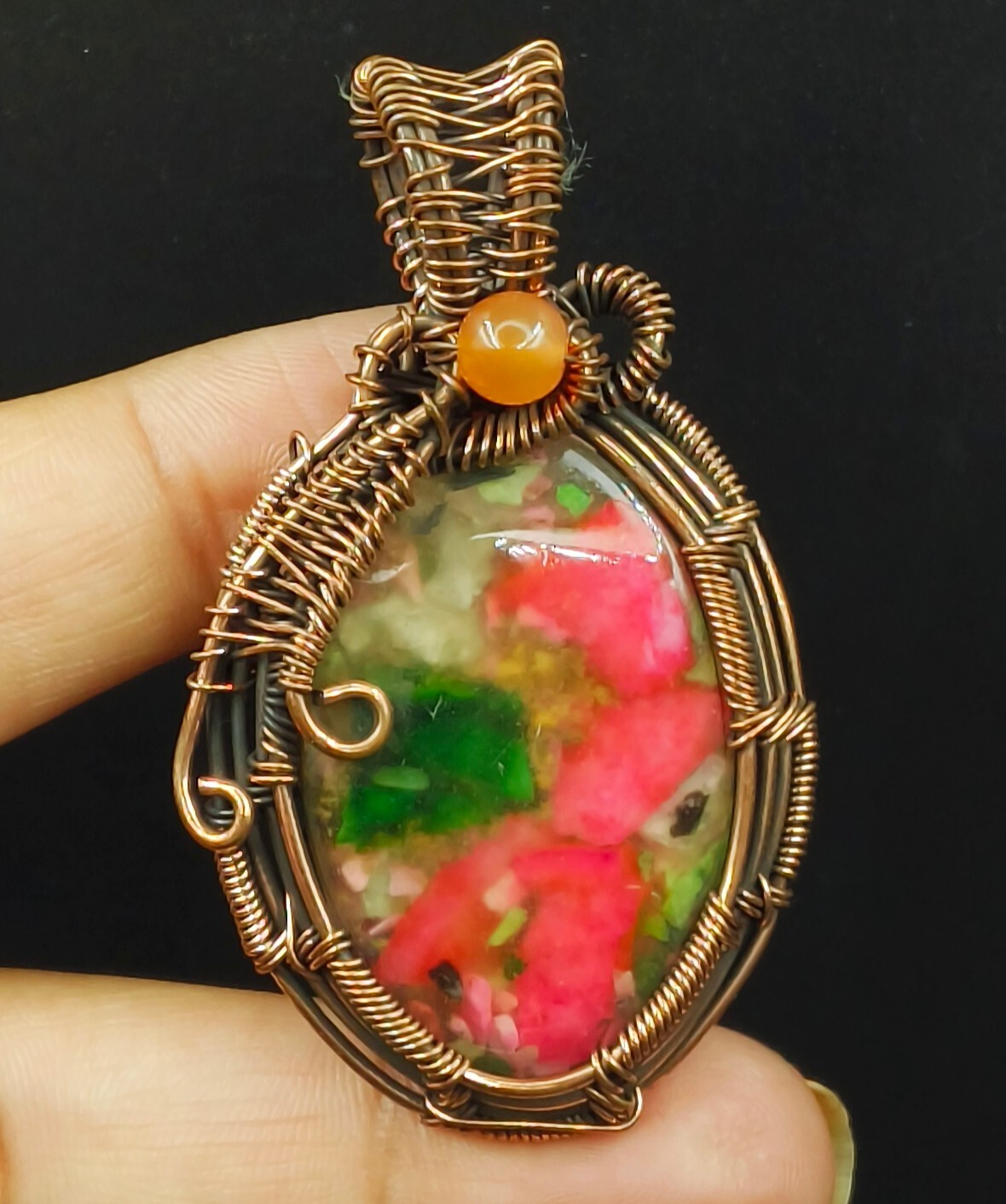 Copper Unakite Gemstone Copper Wire Wrapped Handmade Jewelry Pendant