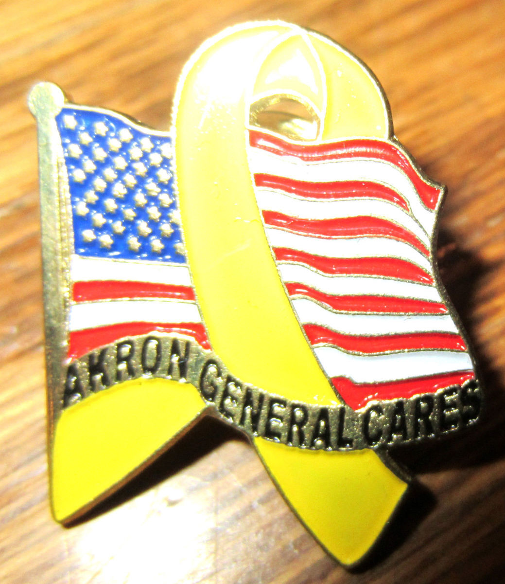 Akron General Cares Pin Back Yellow Ribbon Troops Flag Usa Tire Company