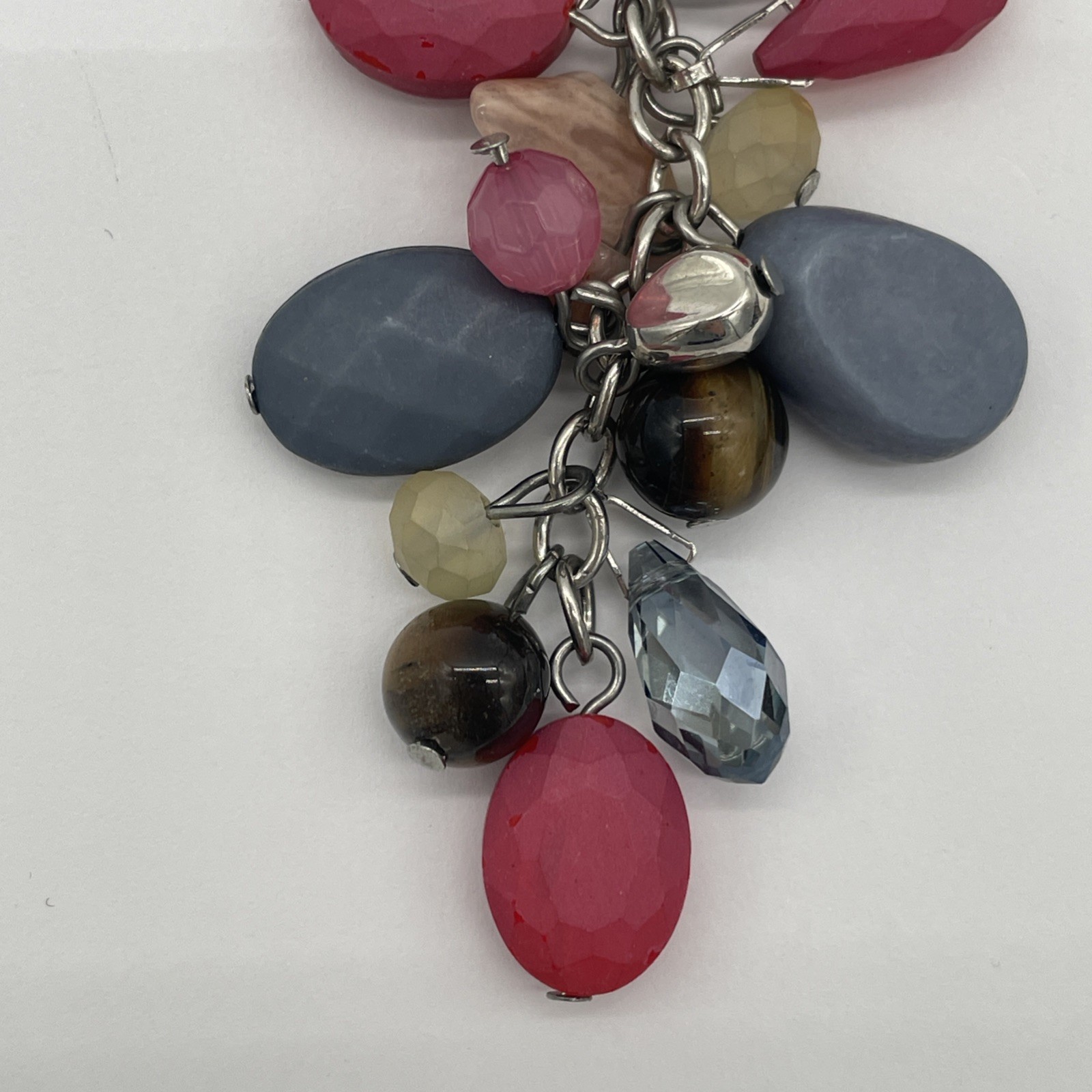 C1946 Multicolor Beaded Necklace Pendant With Silver Tone Spacers & Brown Cord