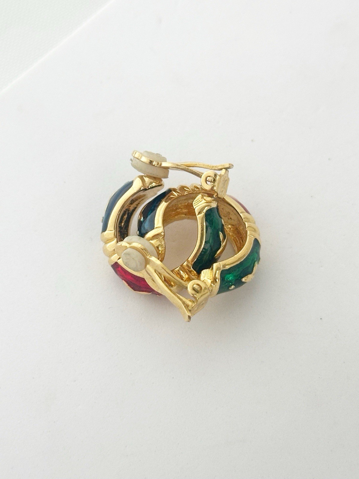 Vintage Joan Rivers Enamel Gold Tone Hoop Clip On Earrings Signed Red Green Blue