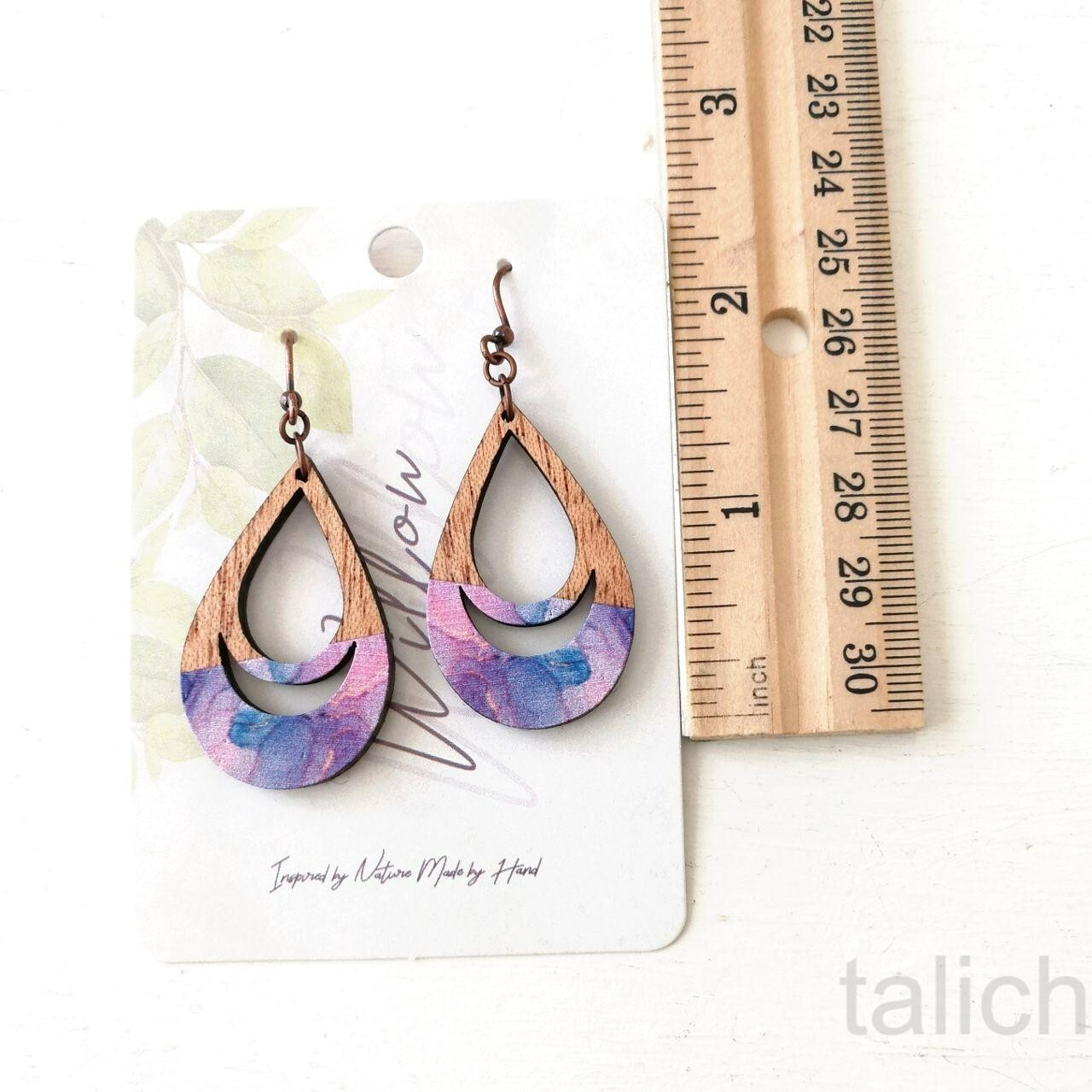 DC Designs Cutout Mahogany Wood Teardrop Earrings Pink Purple Art Print D43M