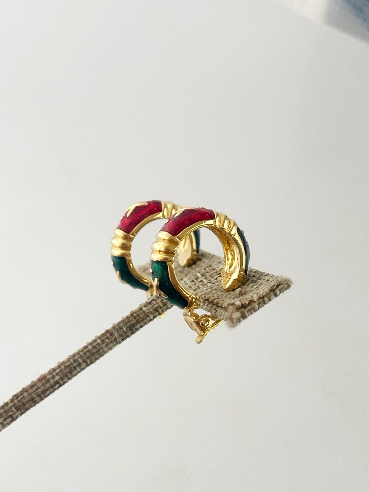 Vintage Joan Rivers Enamel Gold Tone Hoop Clip On Earrings Signed Red Green Blue