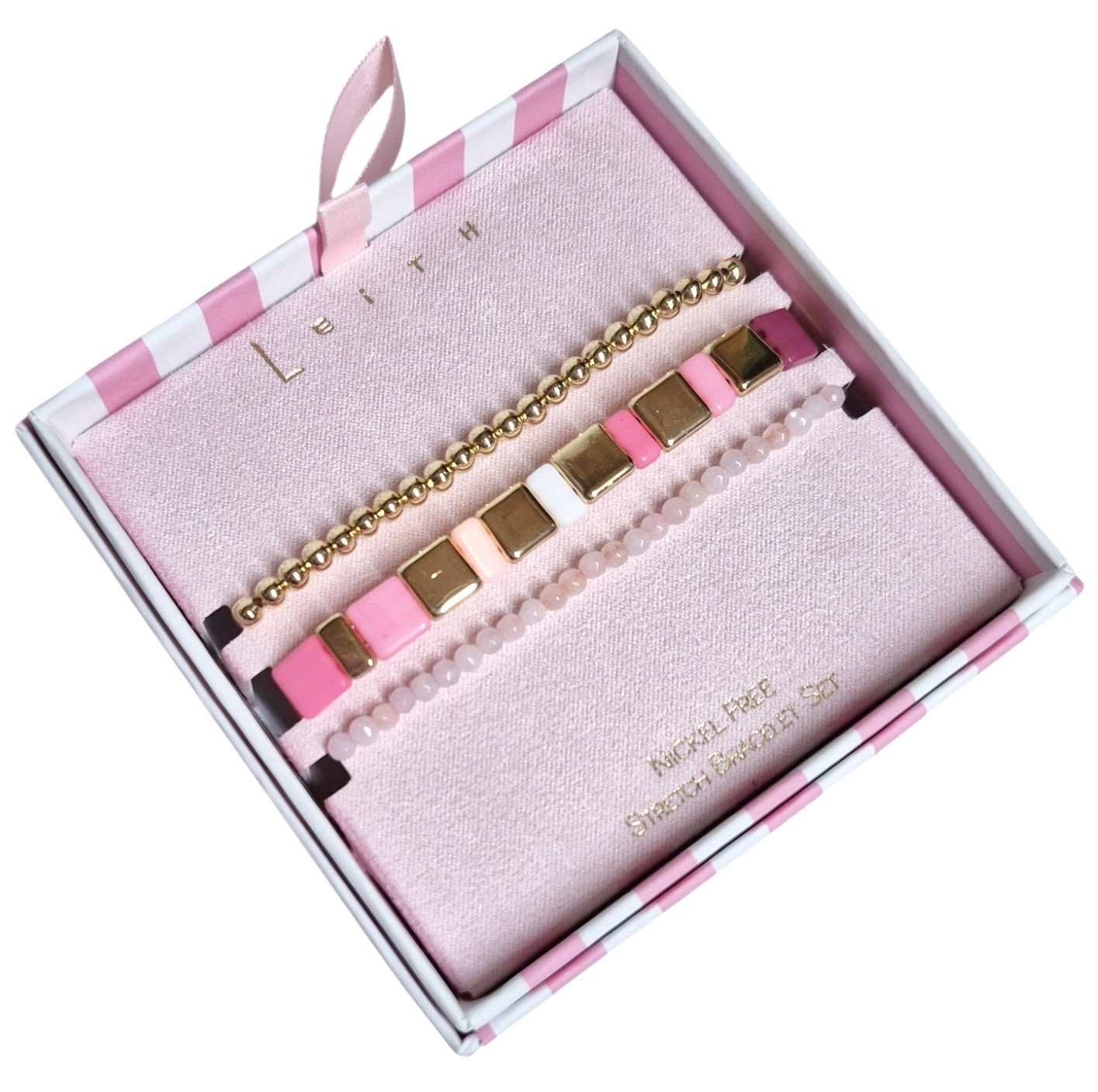 Leith Layered Stretch Bracelet Set of Three Pink White Goldtone Multi-Color NIB