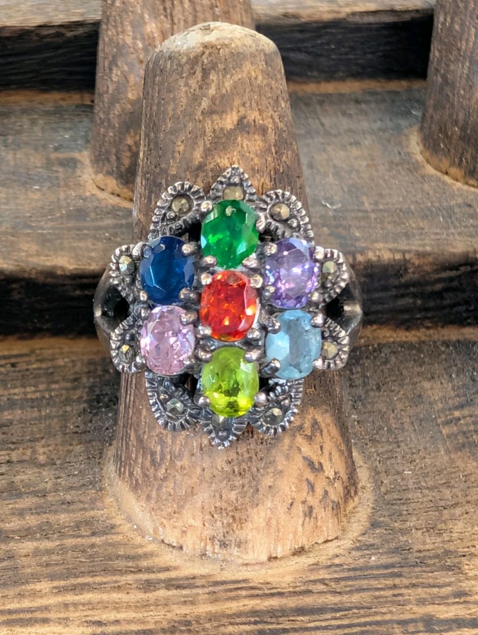 925 STERLING SILVER SZ 6.5 MULTI COLOR STONES FLORAL RING MARCASITE