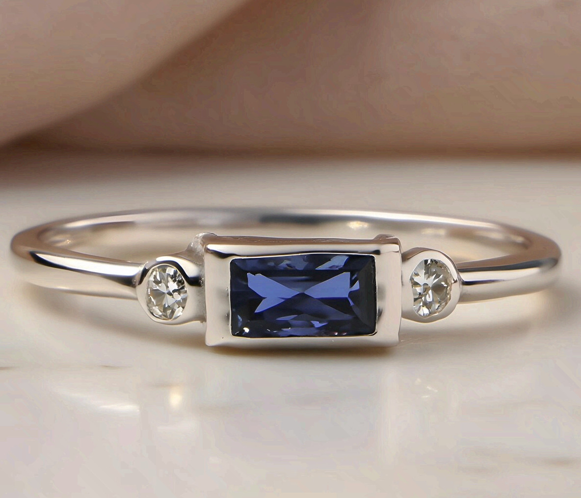 Silver Copper Minimalist Ring Blue Cubic Zirconia Baguette Band