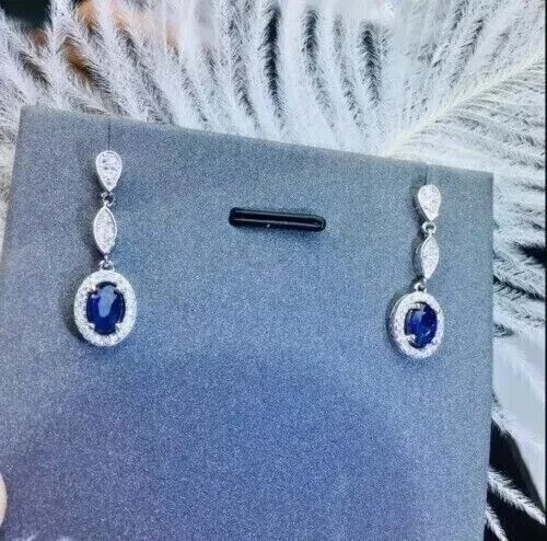 Halo Drop/Dangle Earrings 2Ct Oval Cut Simulated Sapphire 14k White Gold Plated