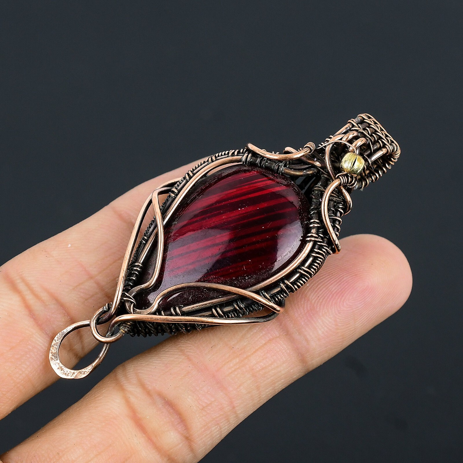 Red Flash Labradorite Gemstone Copper Wire Wrap Handmade Pendant Gift For Her