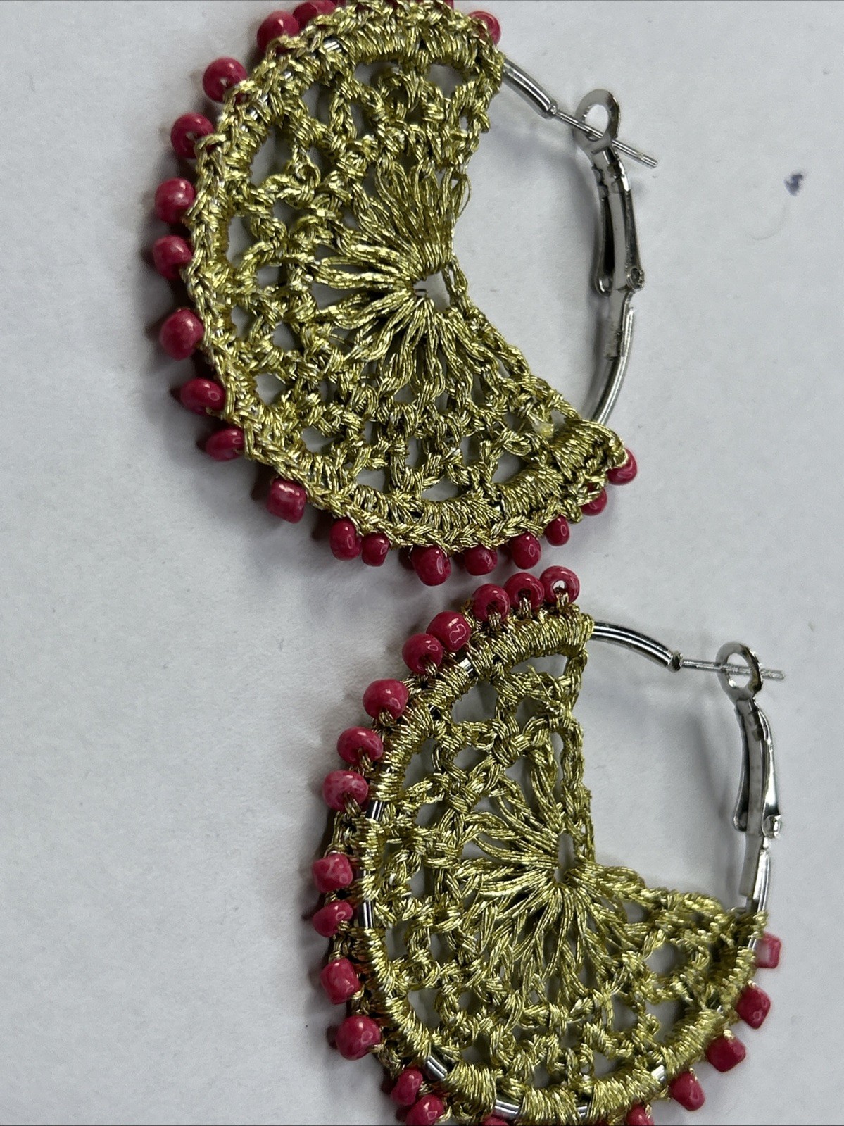 Crochet Handcraft Gold and Pink Beaded Earring Dangle Drop Earrings Gift UK New