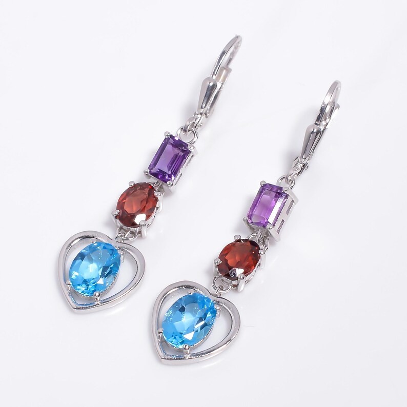 Blue Topaz Heart Earrings 925 Silver, Garnet Amethyst Dangle Earrings December