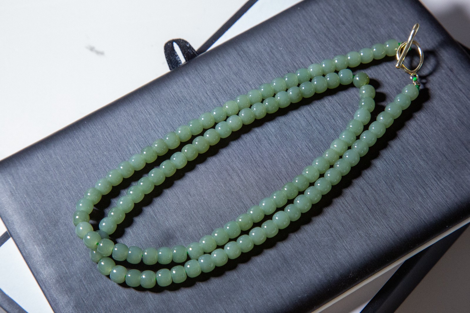 6.5mm+ Oily High Grade Qiemo Blue Hetian Nephrite Beaded Necklace| 油润且莫蓝和田玉老型