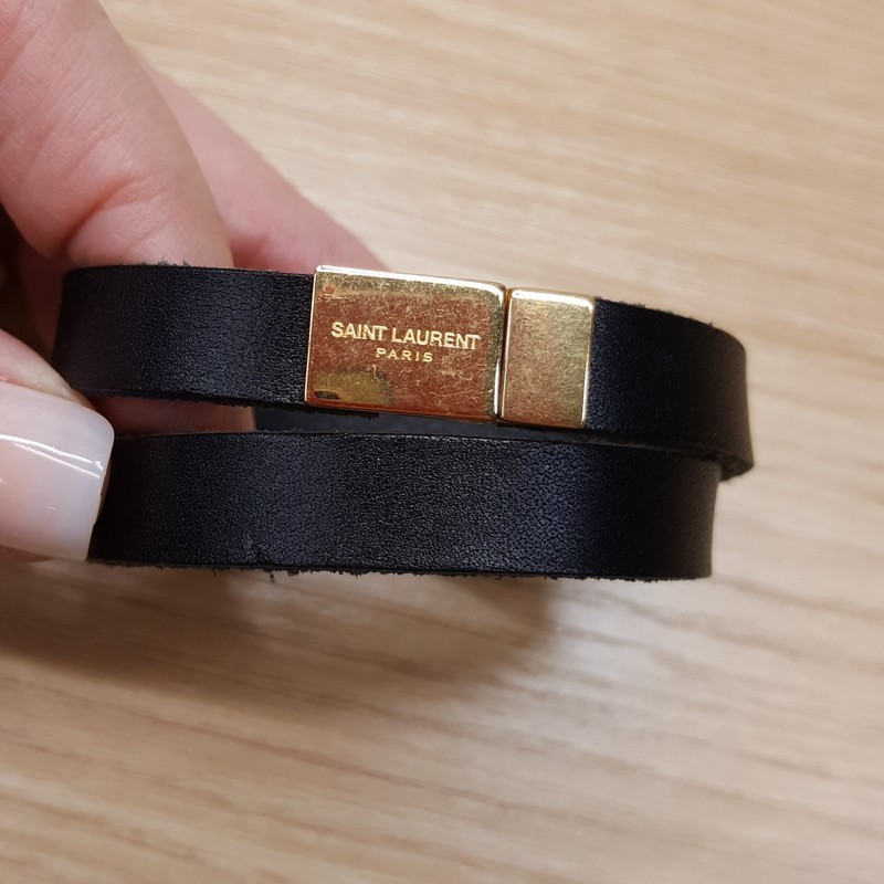 YSL Saint Laurent XS Black Leather Double Wrap Bracelet Leather Gold Logo