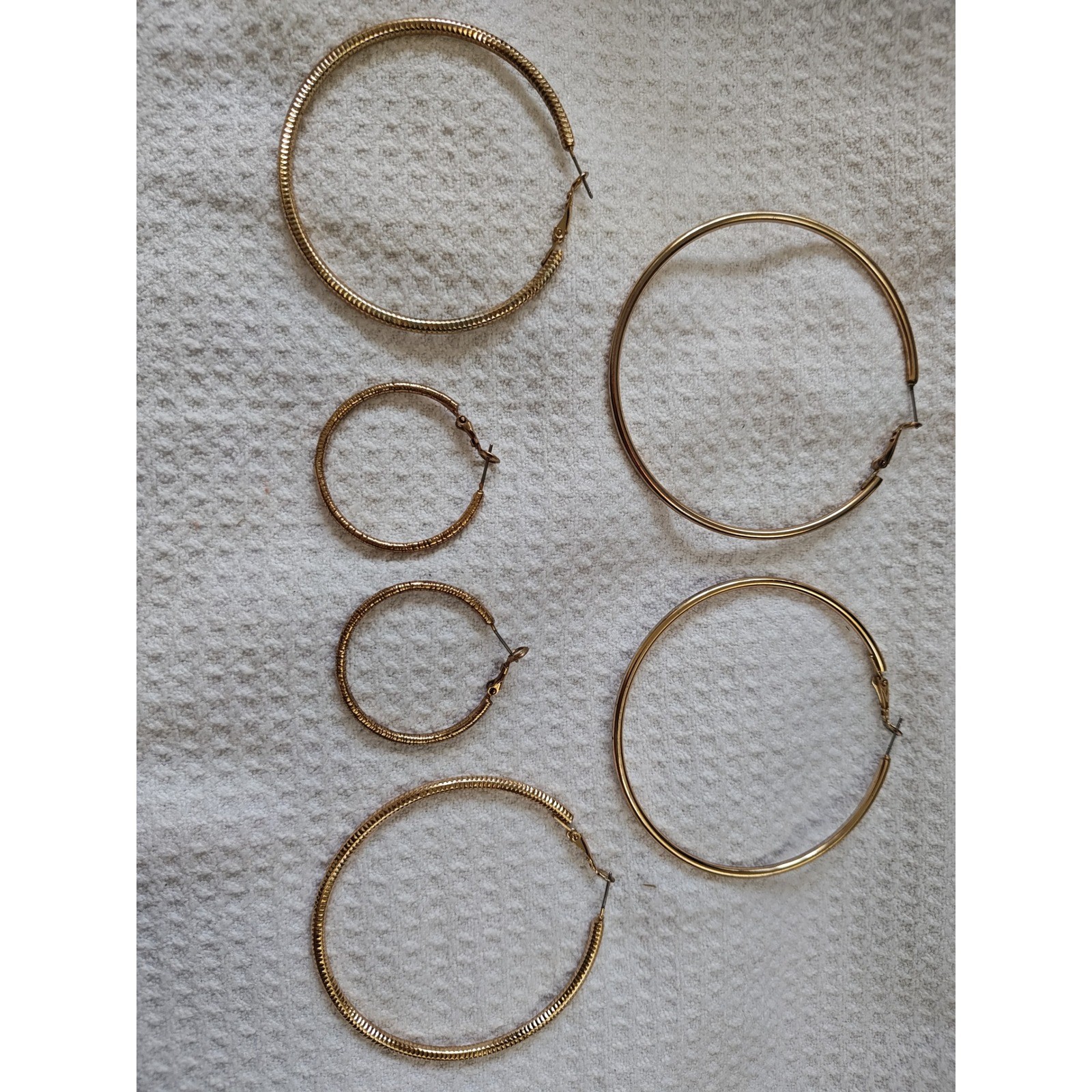 Hoop Earrings Gold Textured and Smooth and Ribbed 3 Pairs
