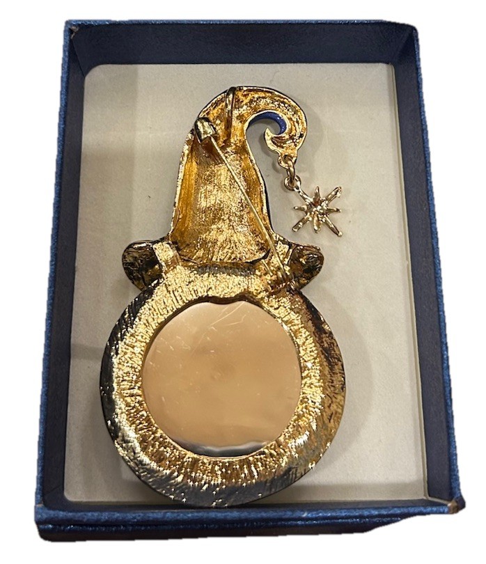 Mystical Iridescent Blue MOON FACE Brooch/Pendant w/Hat AB Crystals, Star Charm